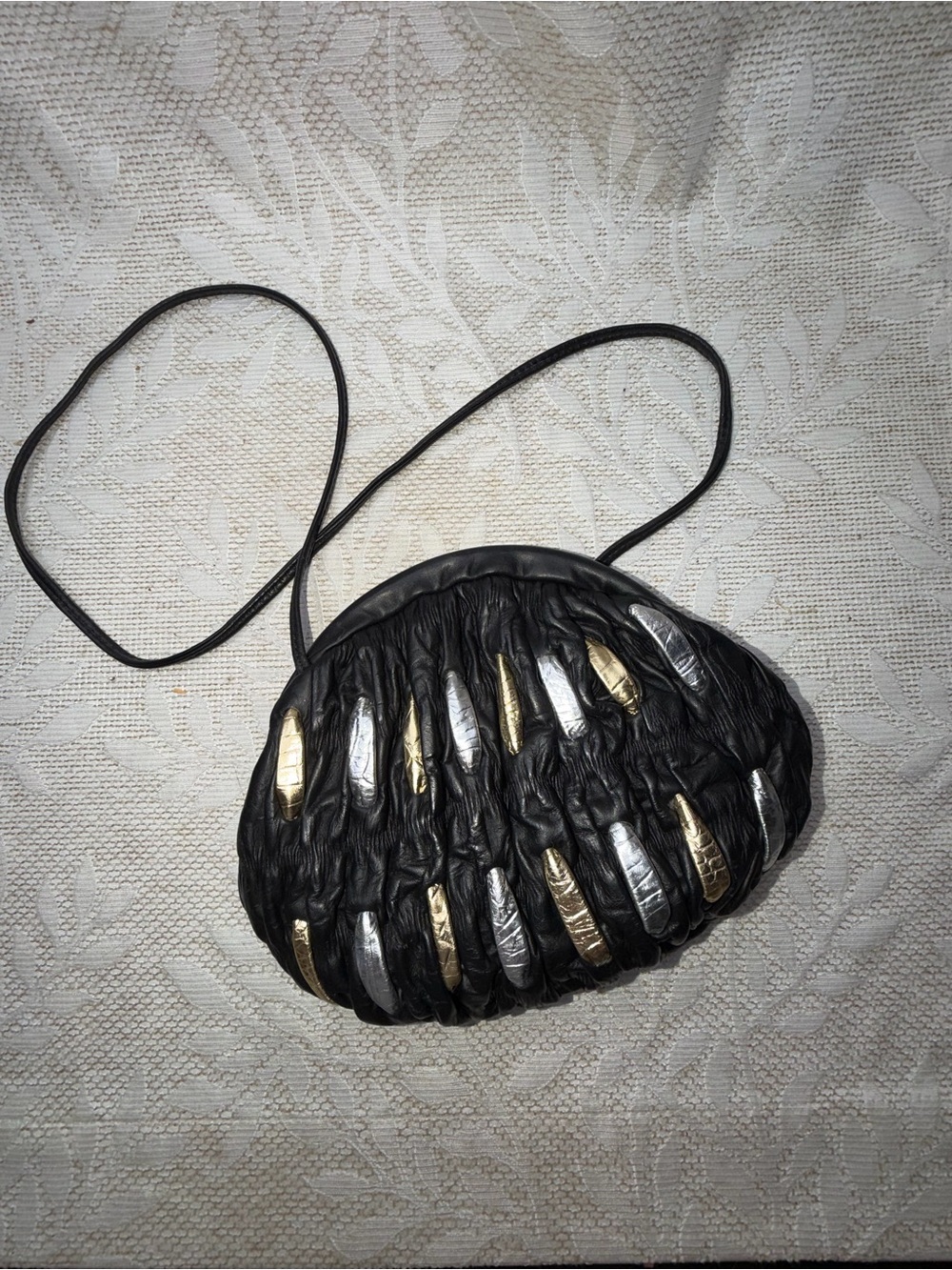 Black Gathered Leather Shoulder Bag with Gold & Silver Accents